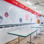 Tables and washing machines in the laundry room